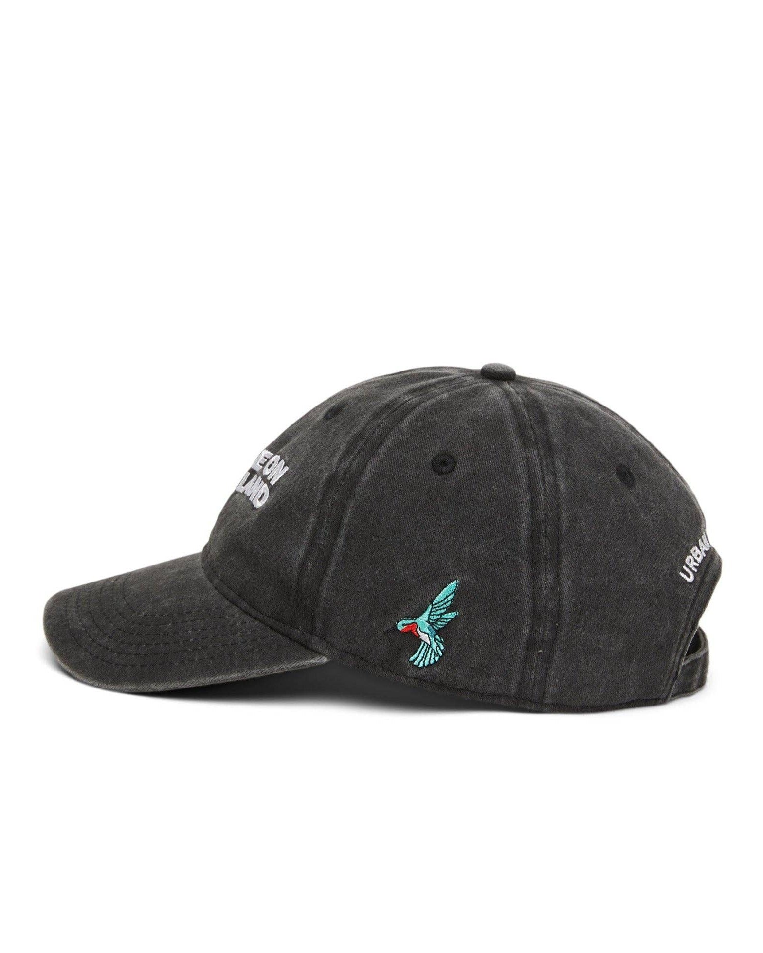 Black cap with embroidered designs on a white background