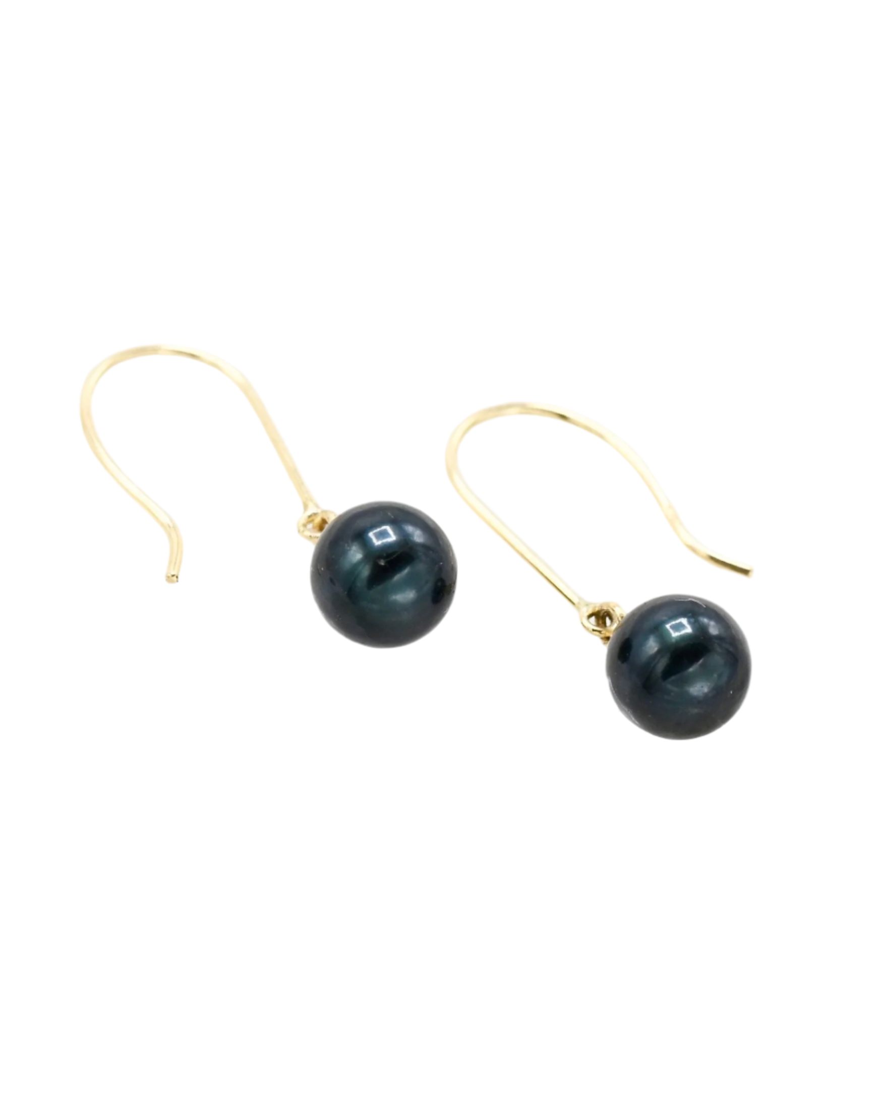 Black pearl earrings on 14k solid gold hooks against a white background