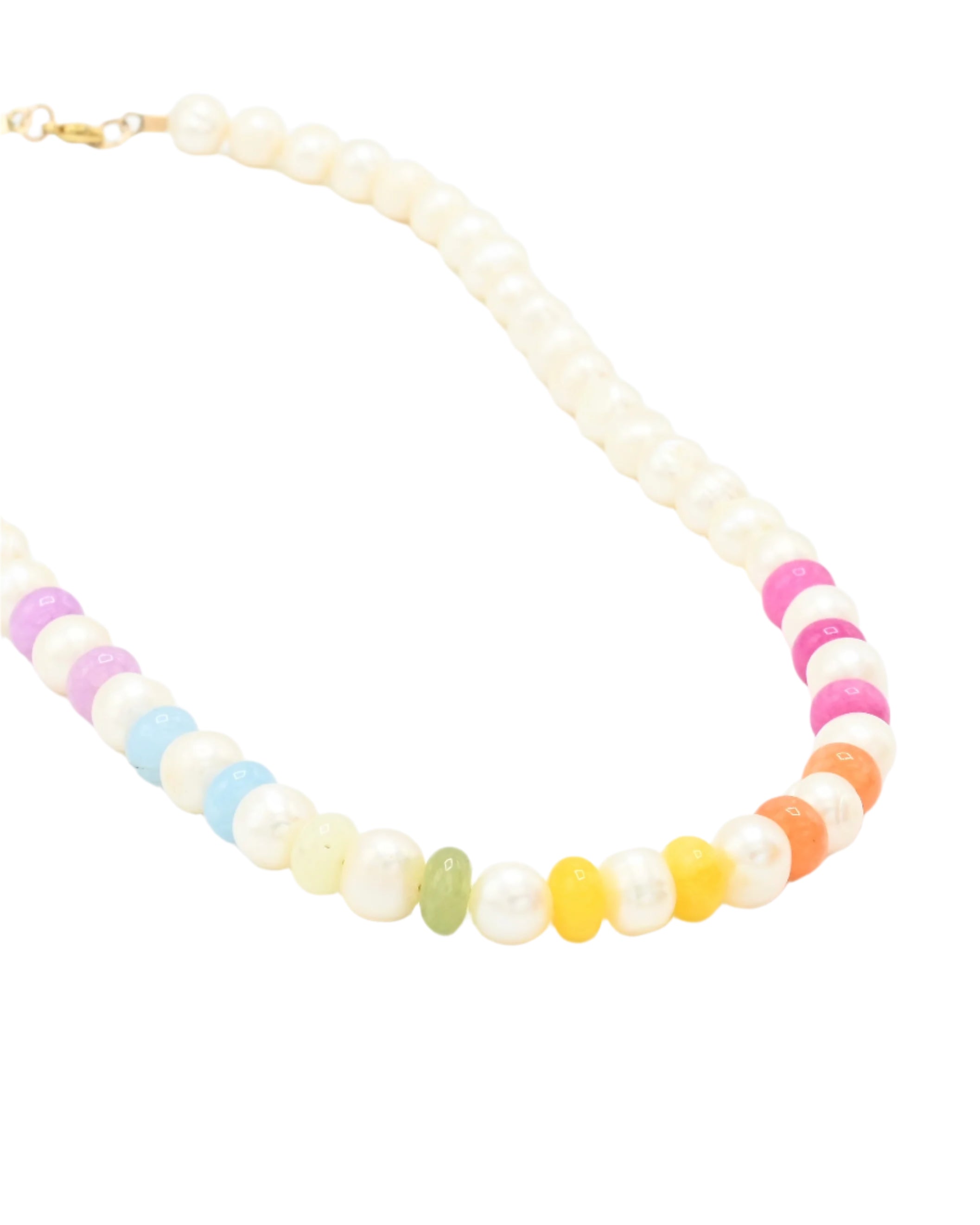 Necklace with pastel-colored beads on a white background