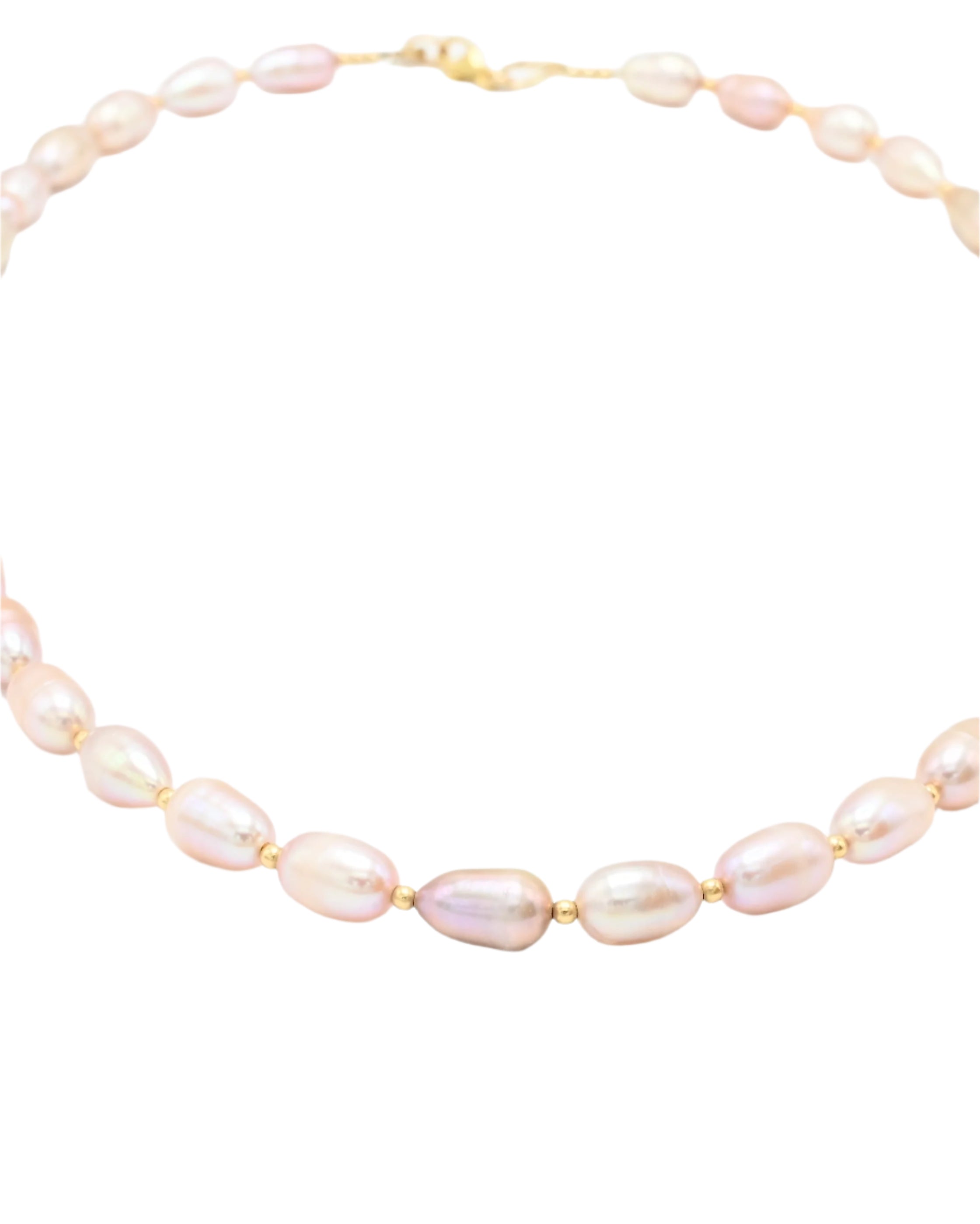 Pearl necklace with gold clasp on a white background