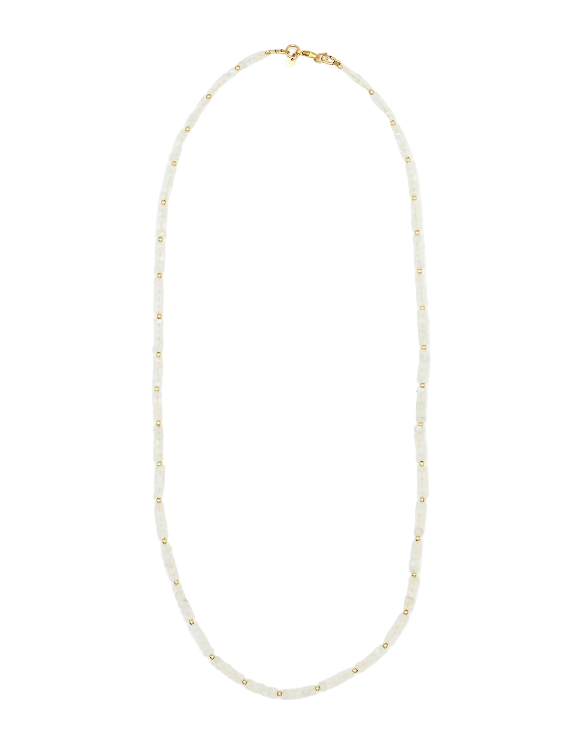 Gold Rainbow moonstone Necklace with small beads on a white background