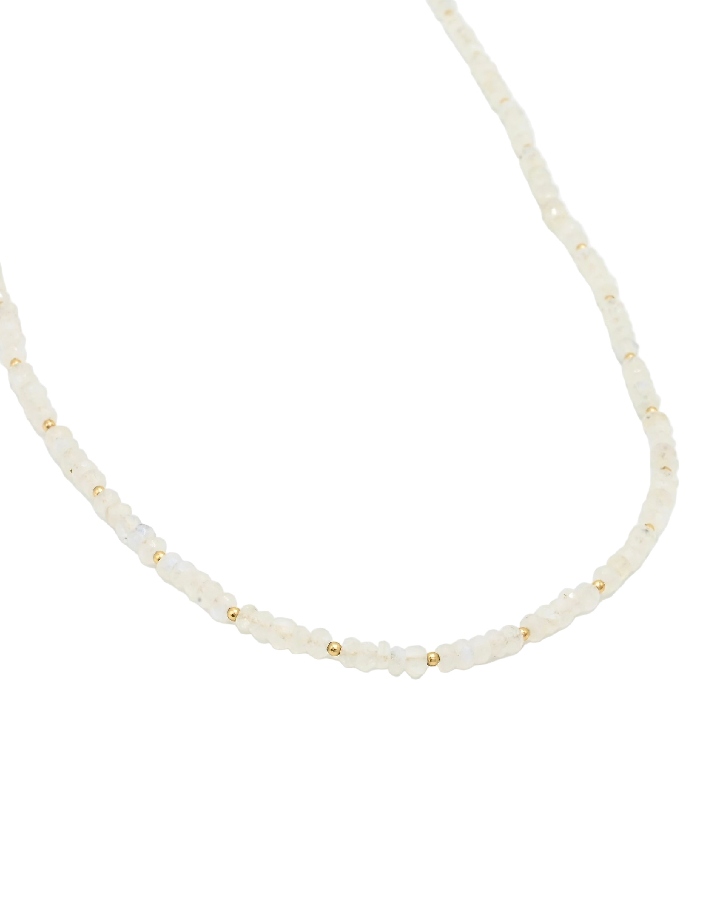 Necklace with small white beads and gold accents on a white background