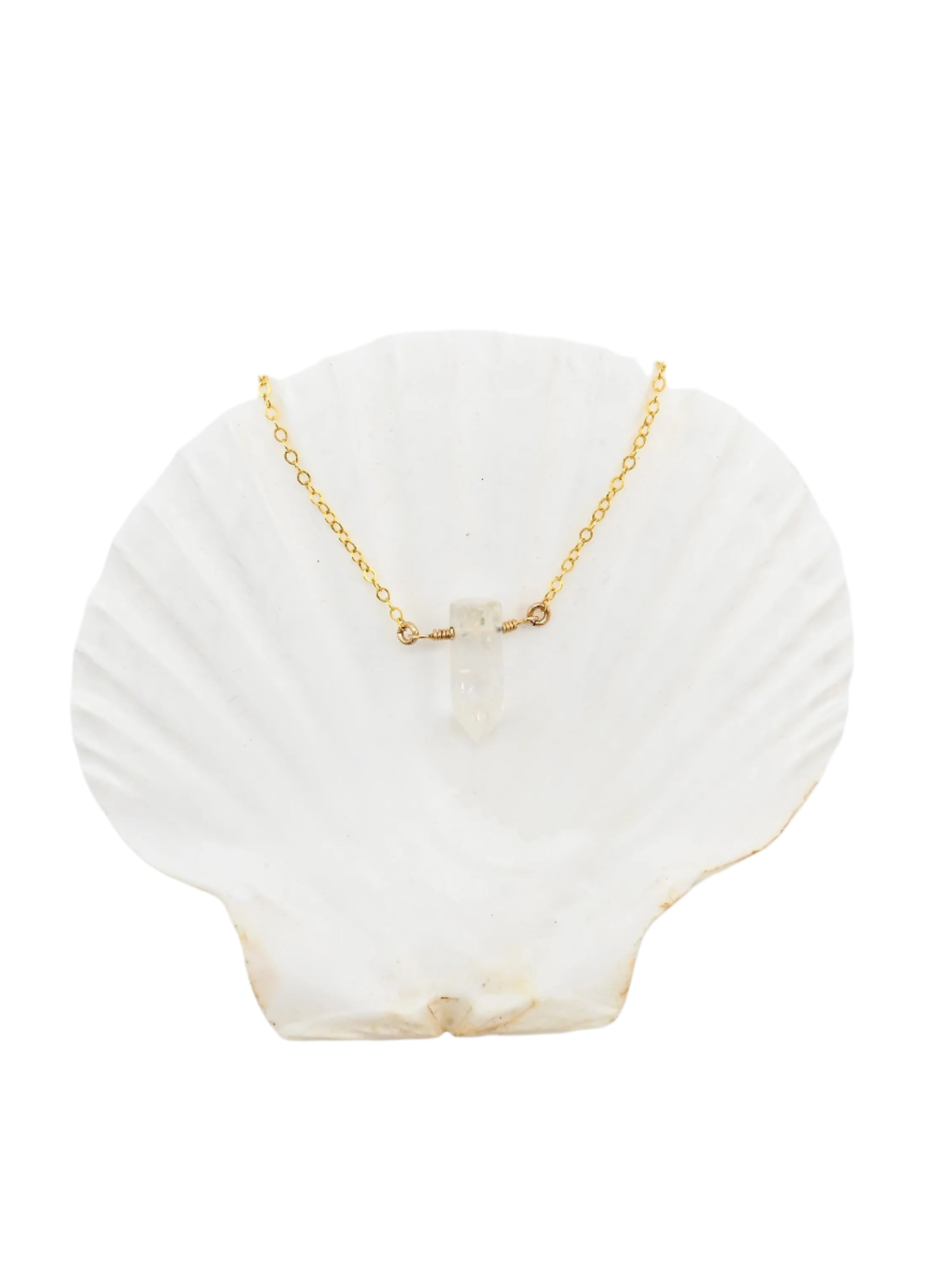 Gold necklace with a pendant on a white shell background