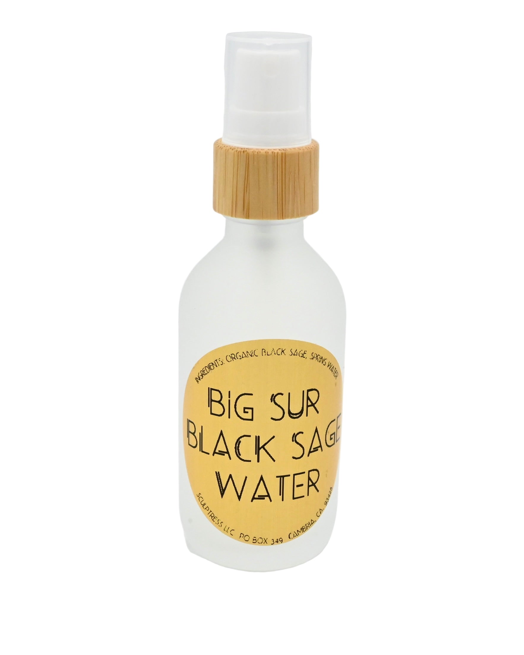 Bottle of Big Sur Black Sage Water with a bamboo cap on a white background