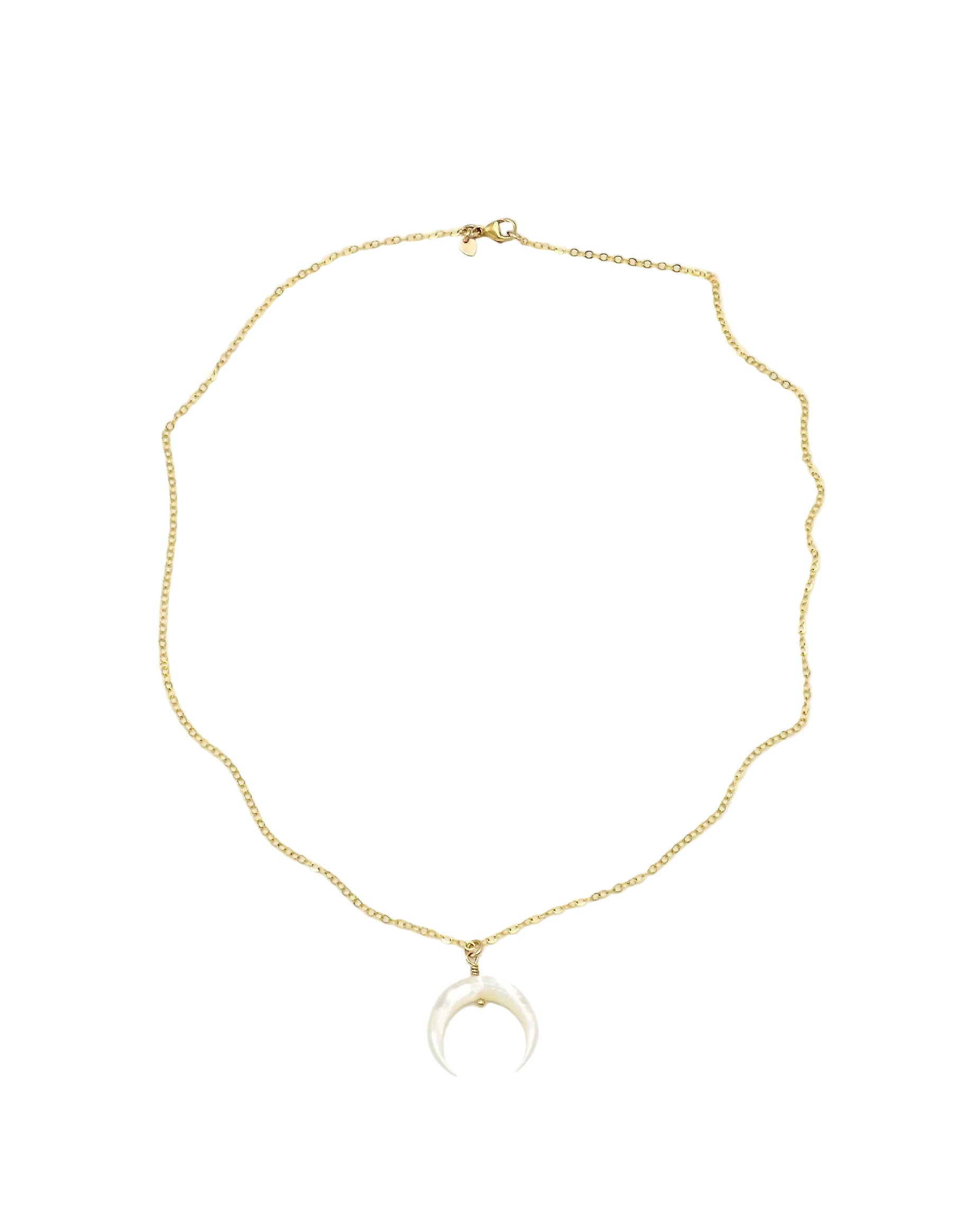 A delicate gold chain necklace featuring a small, polished white crescent moon pendant, displayed on a clean white background.