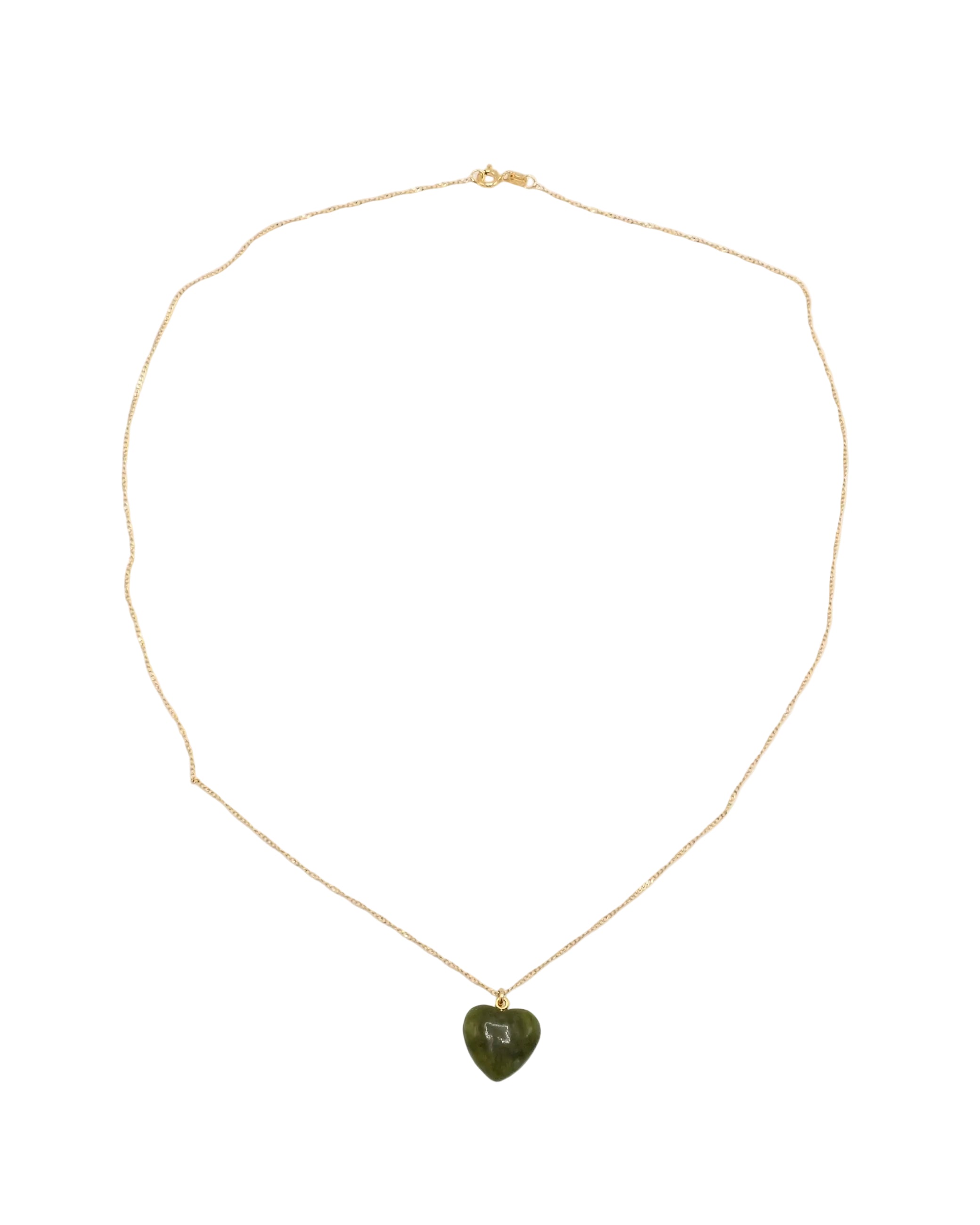 A delicate gold chain necklace with a small, dark green heart-shaped pendant featuring a white monogram, displayed on a clean white background.