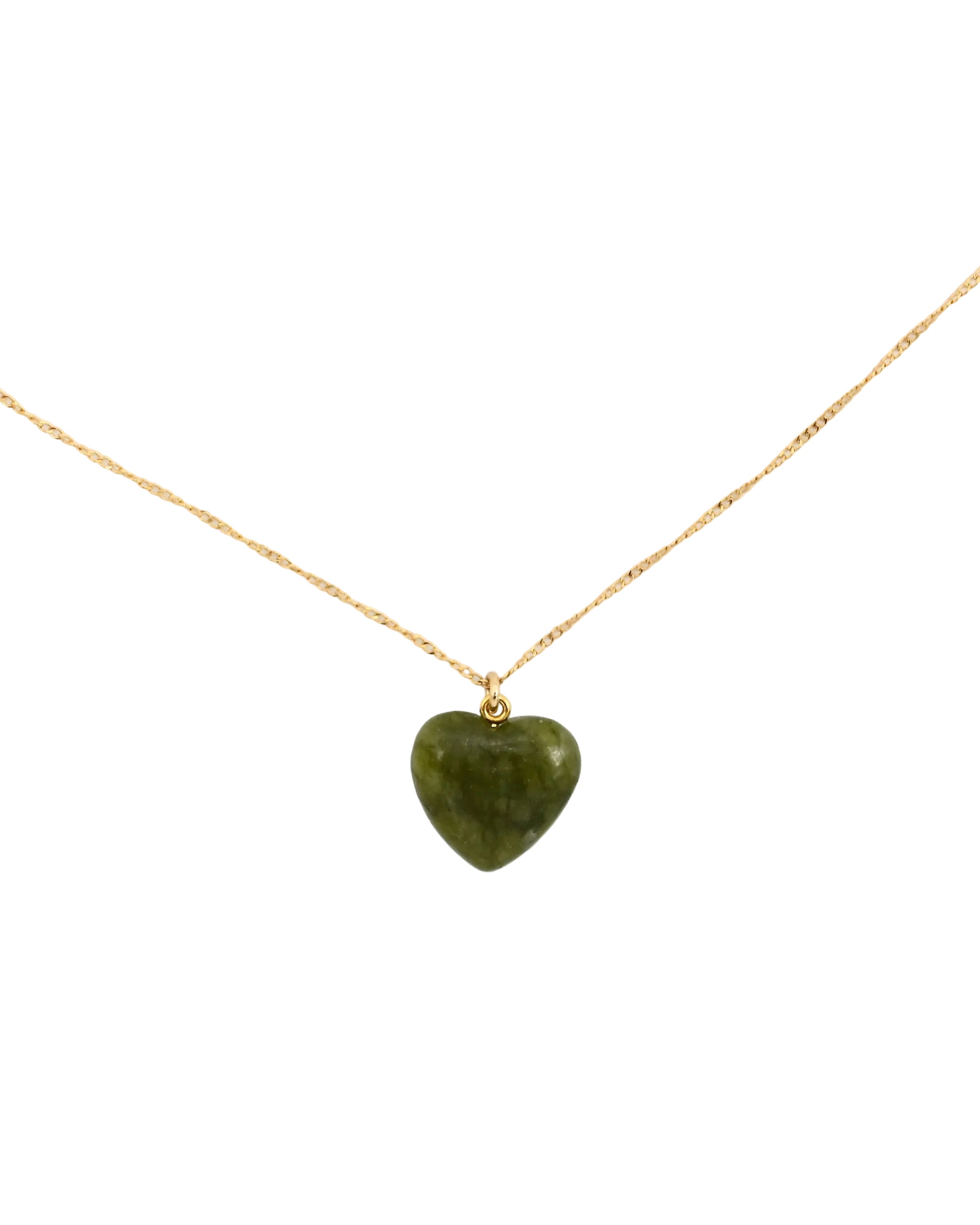 A gold chain necklace featuring a polished, heart-shaped green stone pendant, displayed against a clean white background.