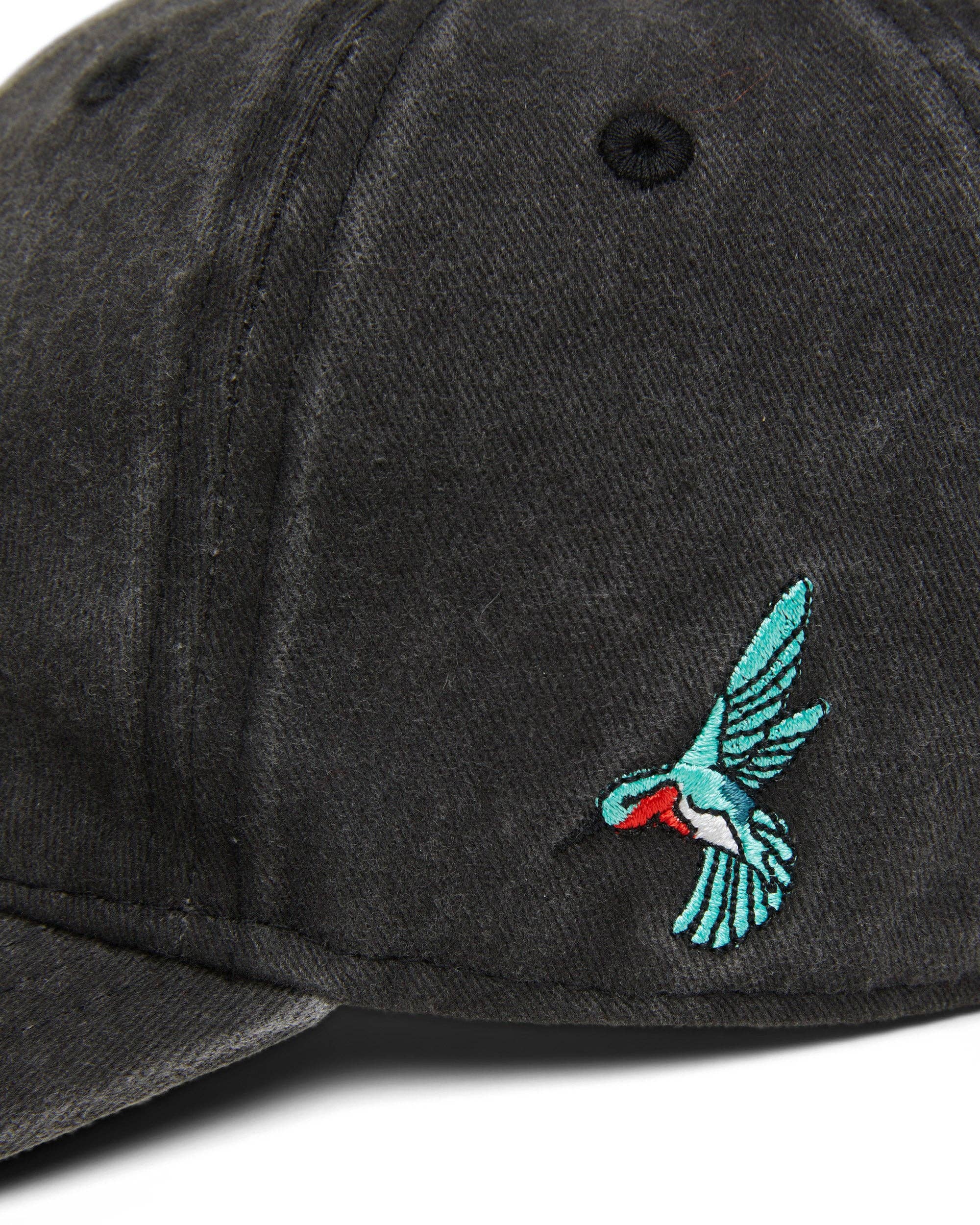 Black cap with a turquoise and red bird embroidered on it