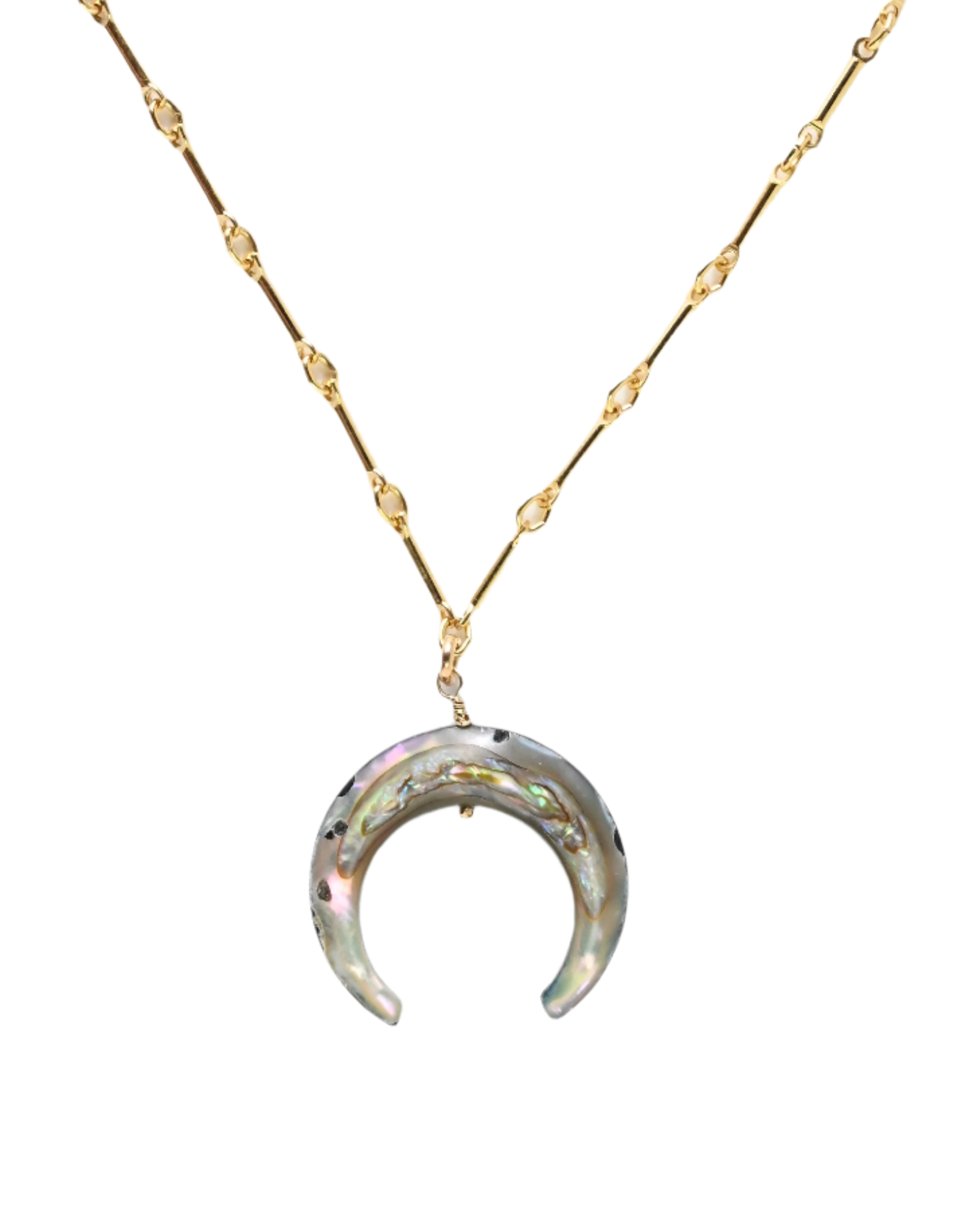 Necklace with a crescent moon pendant on a white background