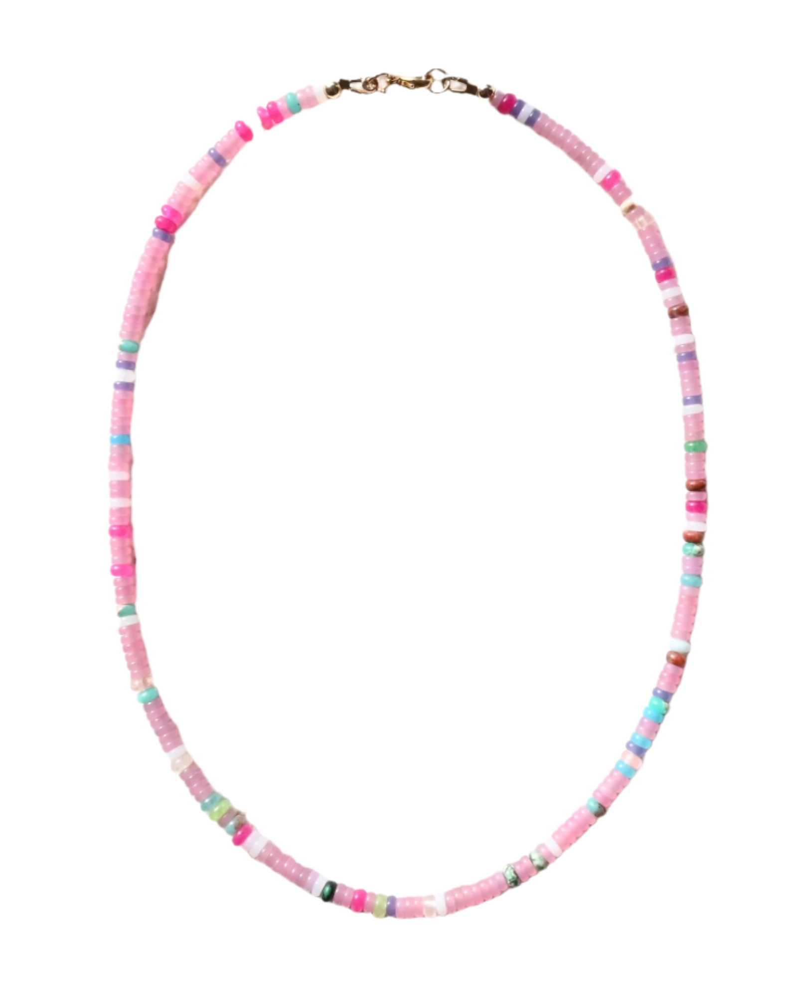 Necklace with pink and multicolored beads on a white background