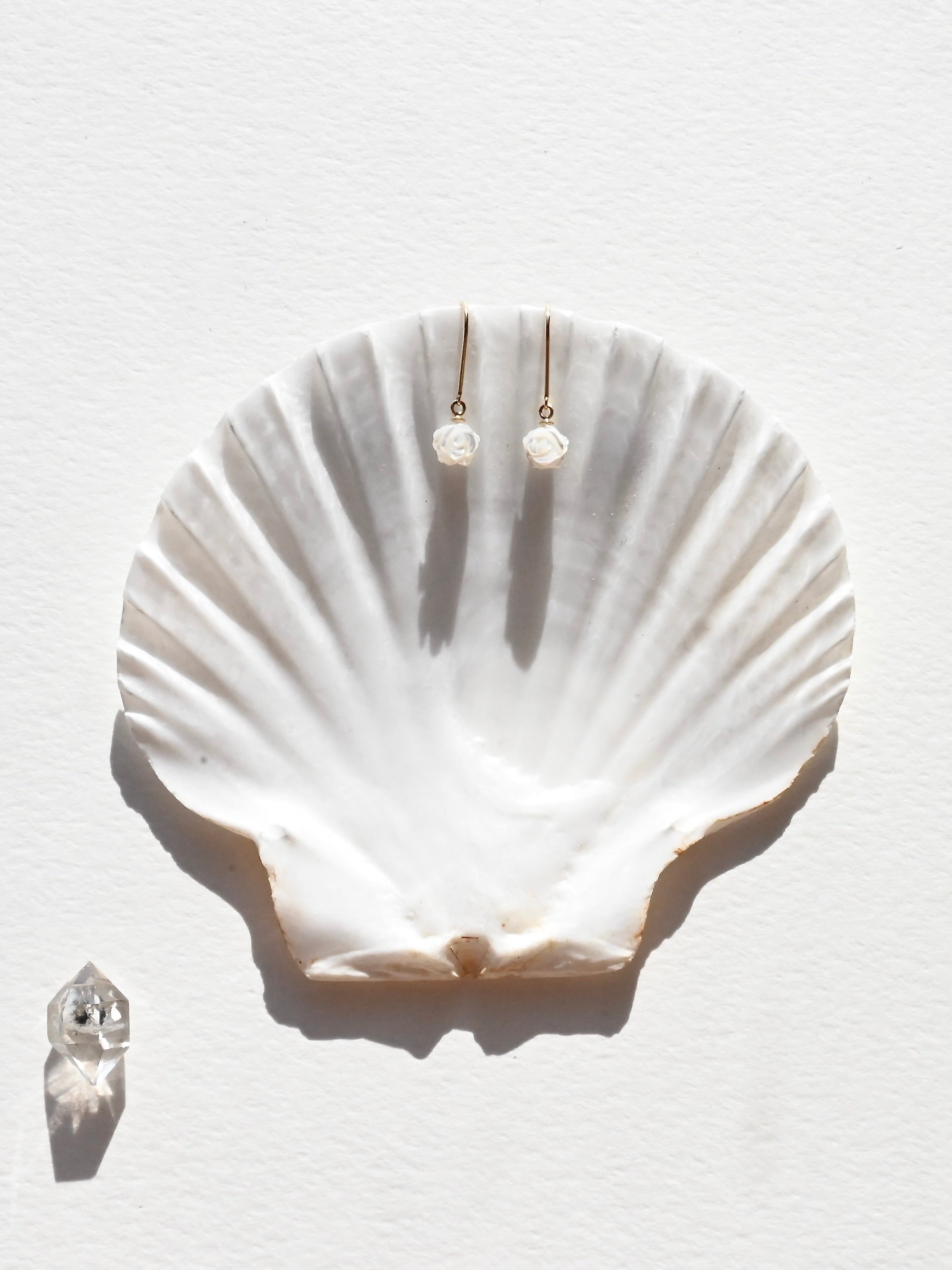 A pair of gold earrings designed to resemble white roses, displayed on a scallop shell.