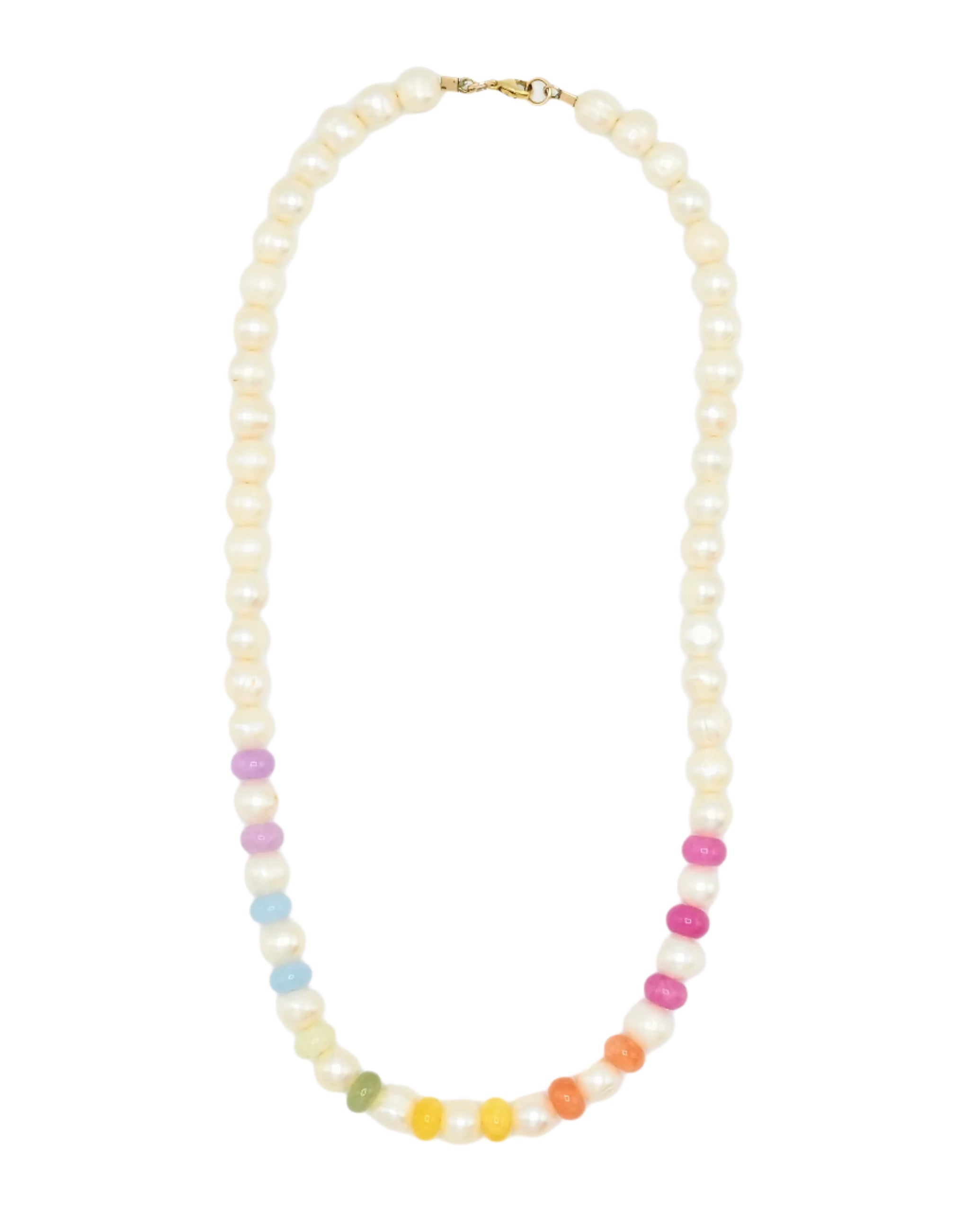 Necklace with multicolored beads on a white background