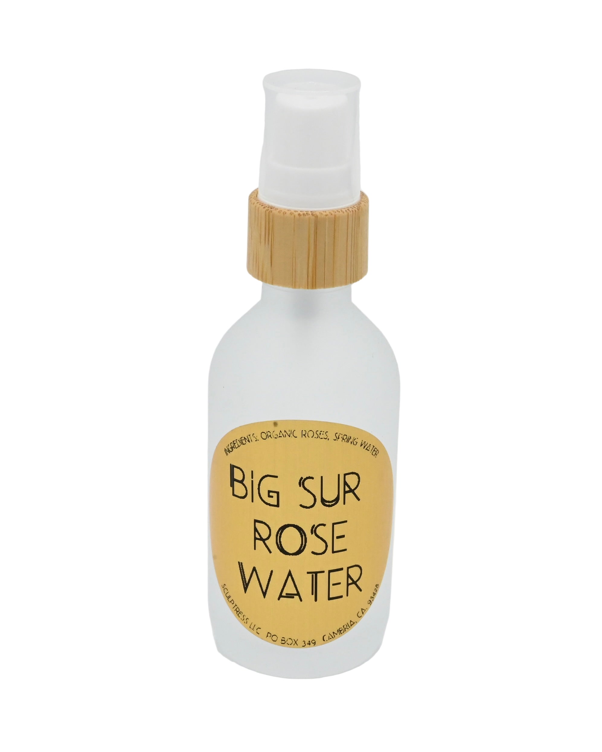 Bottle of Big Sur Rose Water with a bamboo cap on a white background