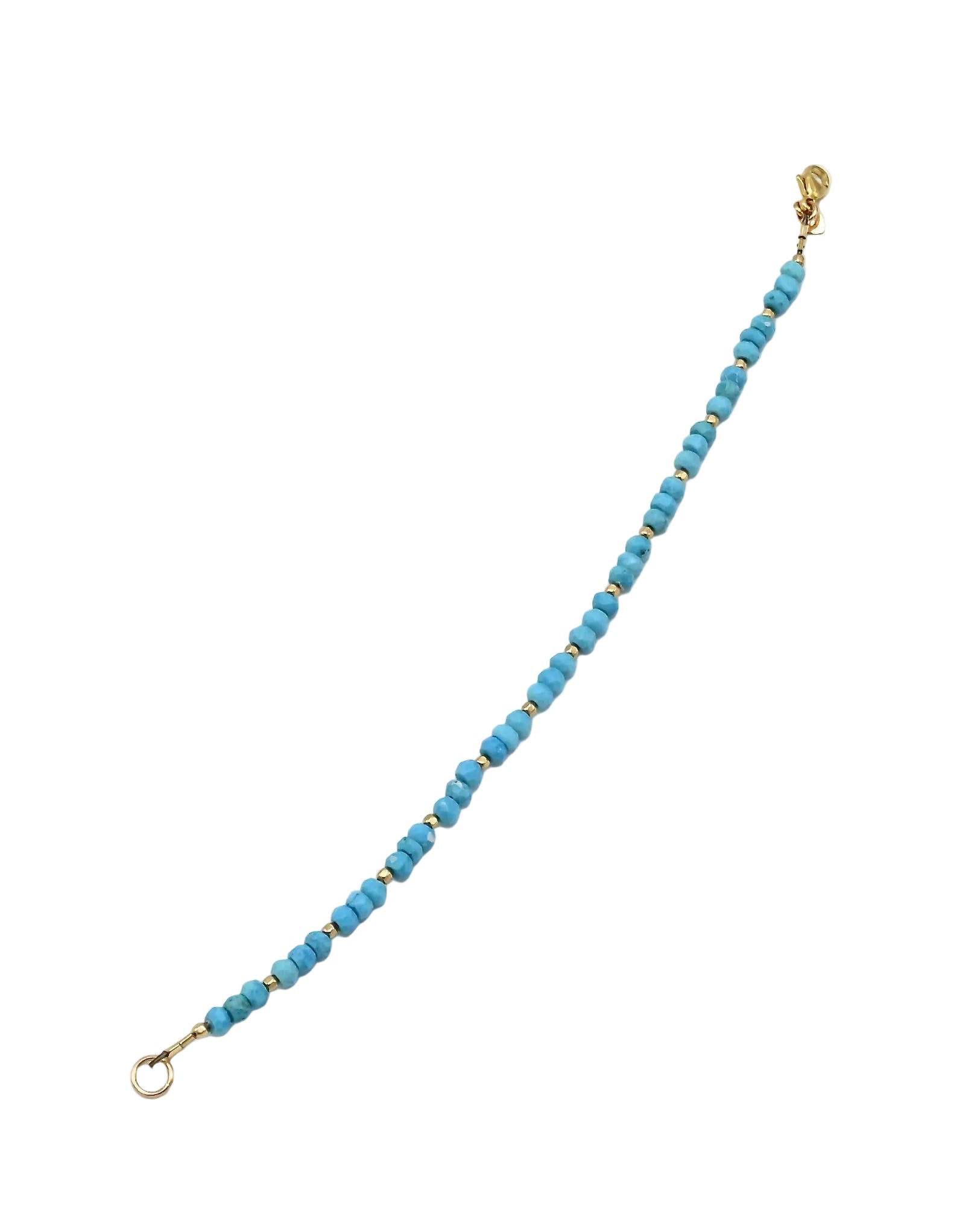 A delicate beaded bracelet featuring light blue turquoise cylindrical beads separated by small gold spacer rings, finished with gold-toned lobster clasps on both ends, shown on a plain white background.