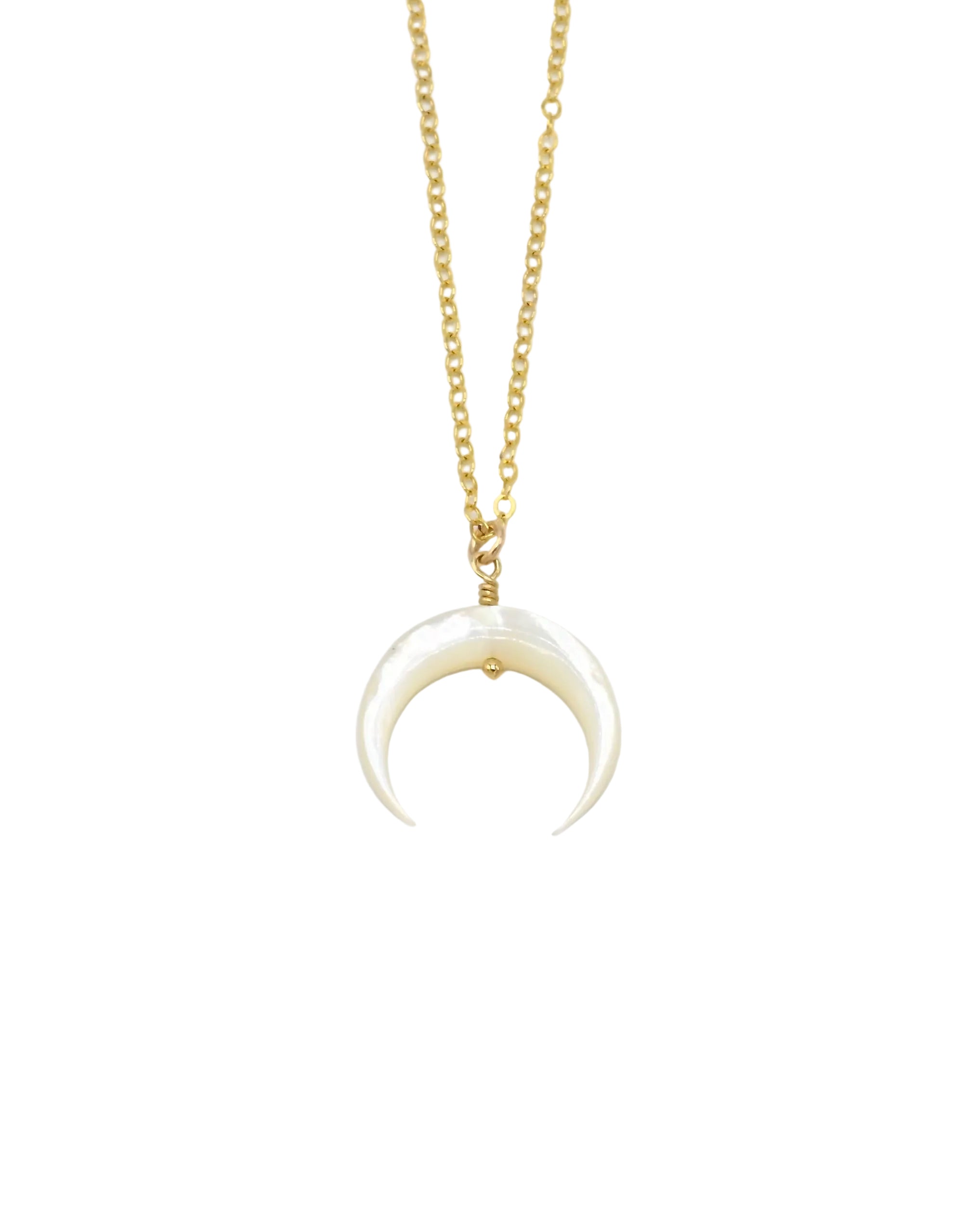 A gold chain necklace with a crescent moon pendant made of white mother-of-pearl, shown against a plain light gray background.