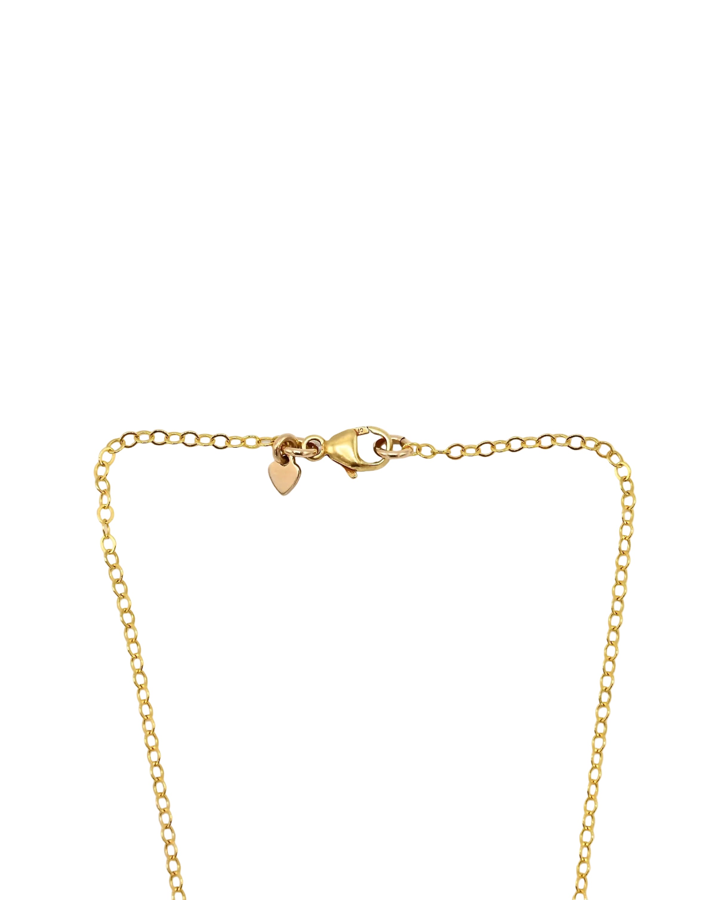 A gold chain necklace with a lobster clasp and a small heart-shaped tag, laid flat on a white background.