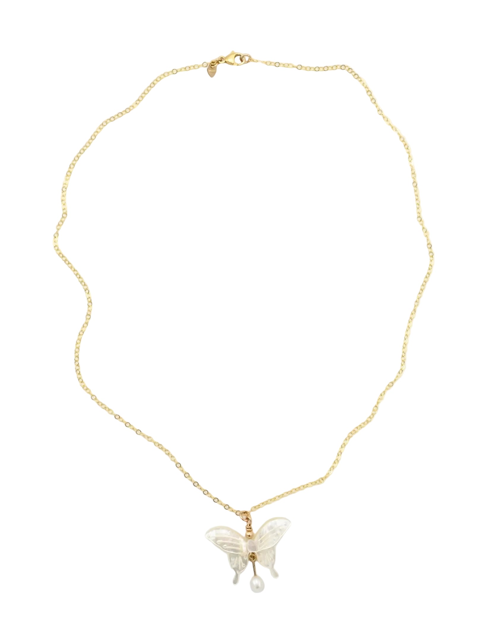 A delicate gold chain necklace featuring a small butterfly pendant with a white mother-of-pearl wing and tiny dangling pearl accents, displayed on a clean white background.