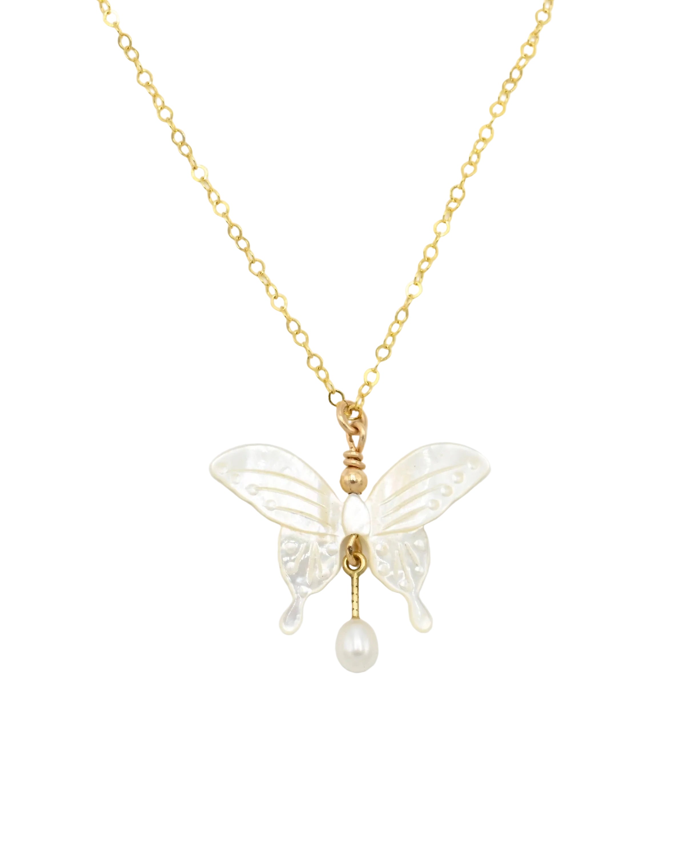 A delicate gold chain necklace featuring a butterfly pendant crafted from white mother-of-pearl, with a small white pearl hanging from the center, set against a plain white background.