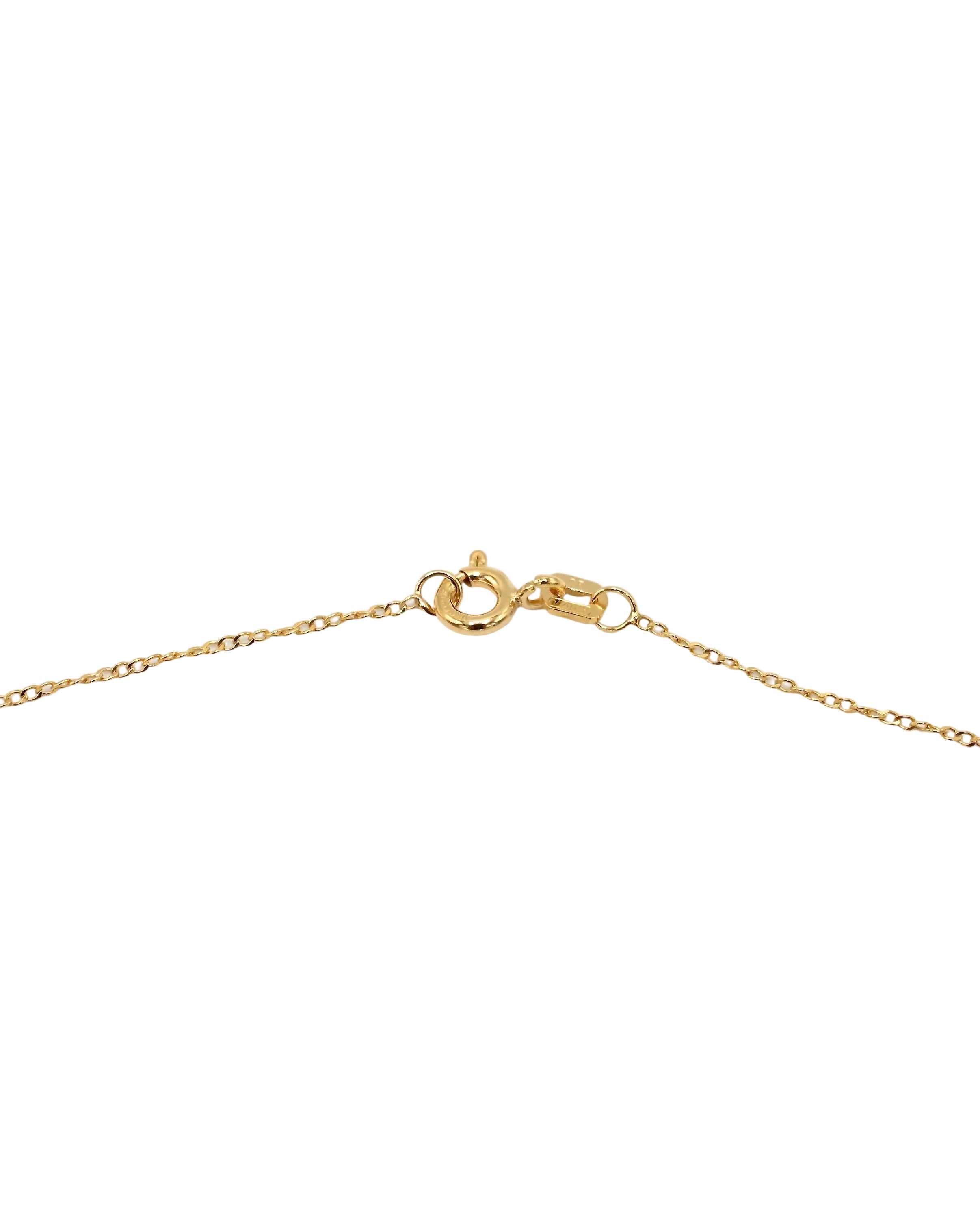 Close-up of a gold chain necklace clasp on a plain white background.