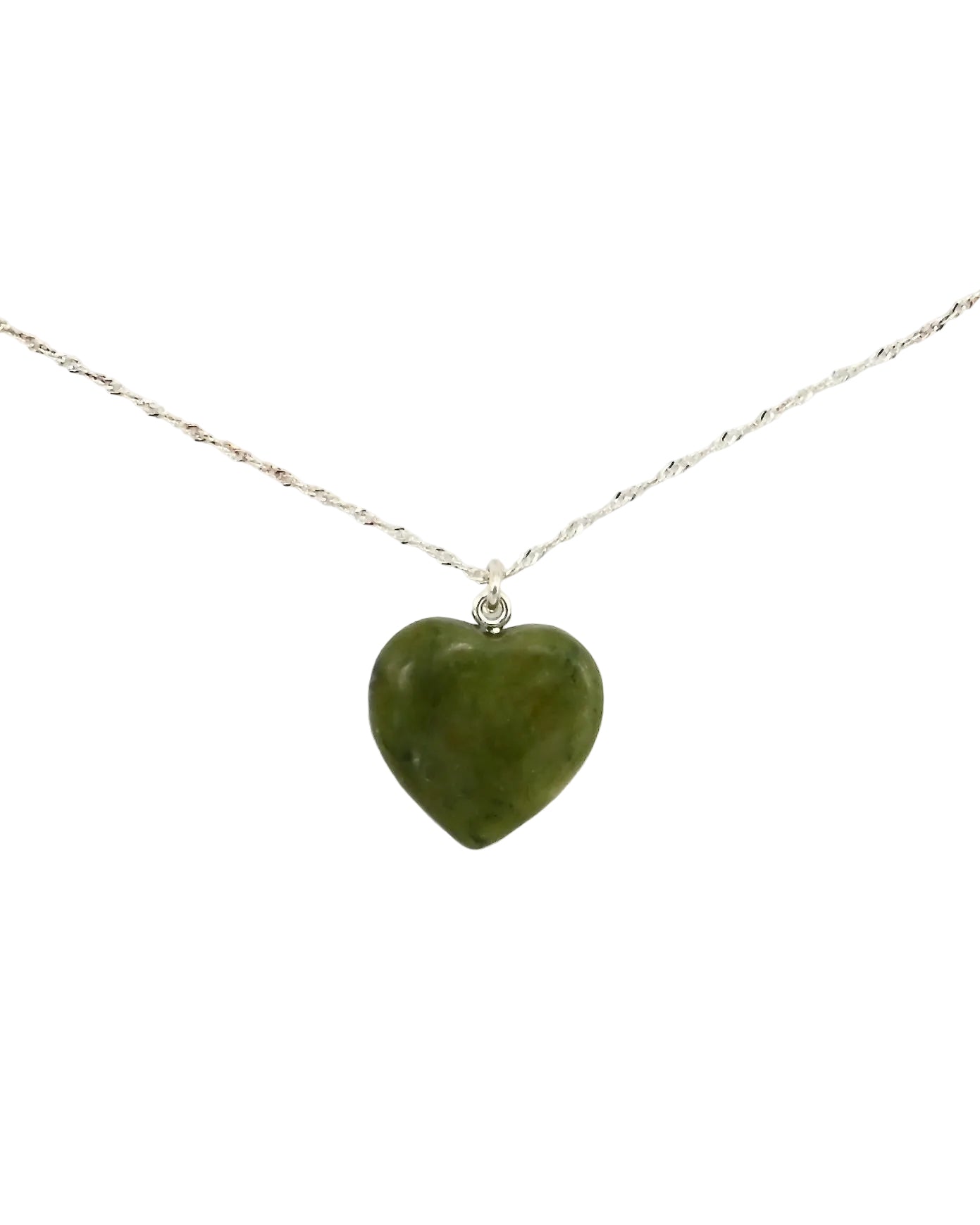 A heart-shaped green stone pendant necklace on a delicate silver chain, photographed against a plain white background.