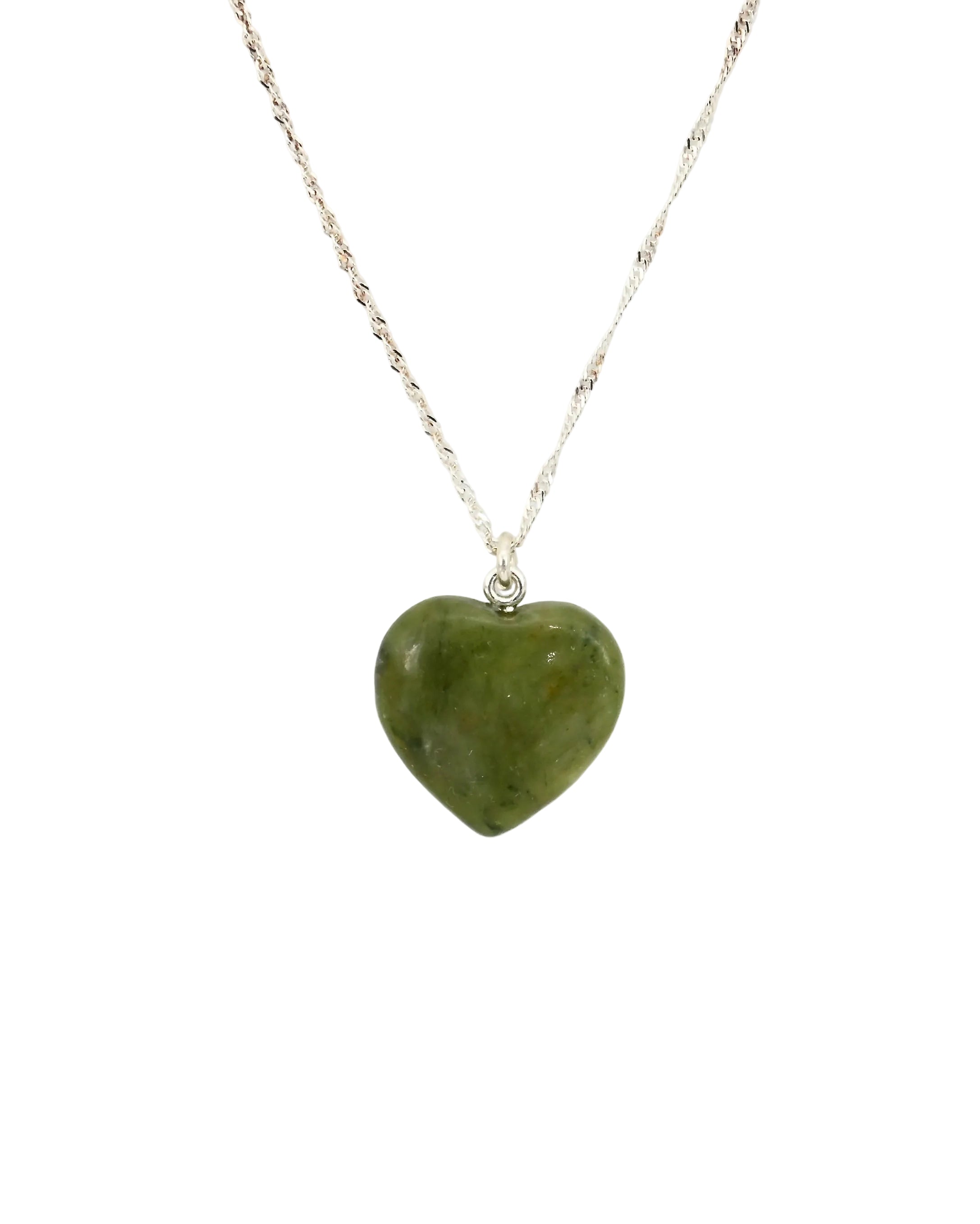 A heart-shaped green stone pendant necklace on a delicate silver chain, photographed against a plain white background.