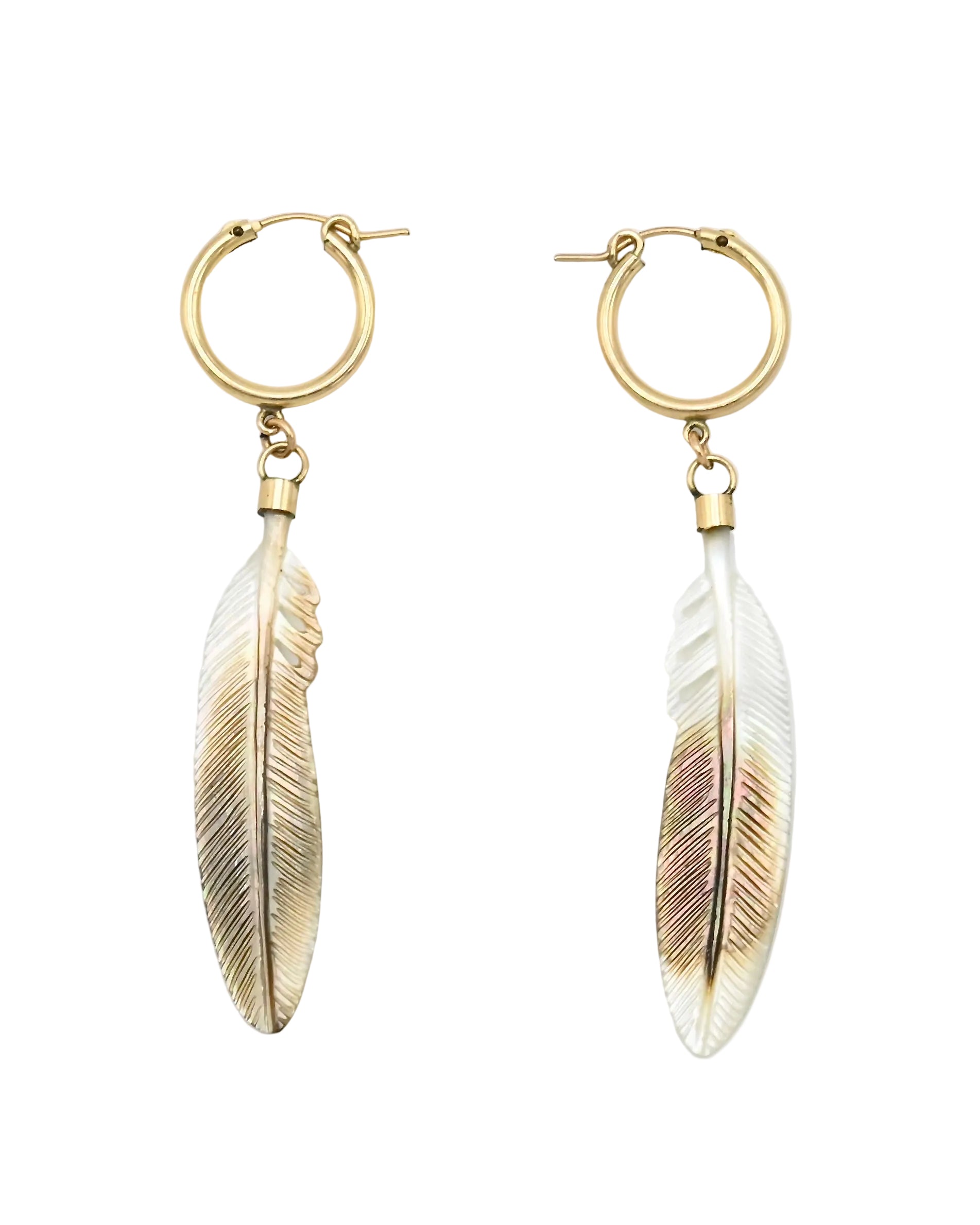 A pair of gold hoop drop earrings with dangling feather charms, shown on a plain light gray background.