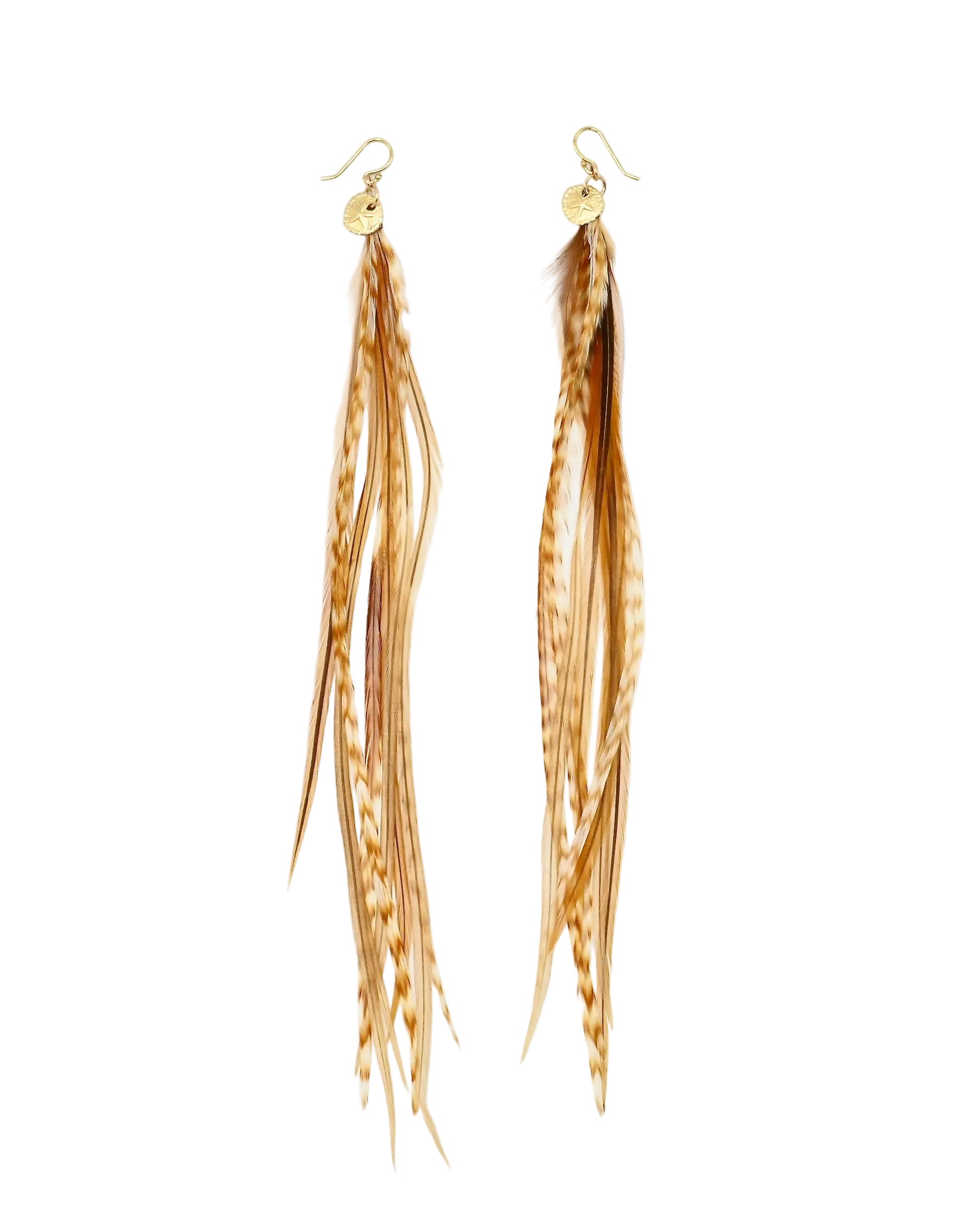 A pair of long dangle earrings with gold fishhook wires and small round gold discs, hanging from multiple light brown and tan feathers, shown on a plain white background.