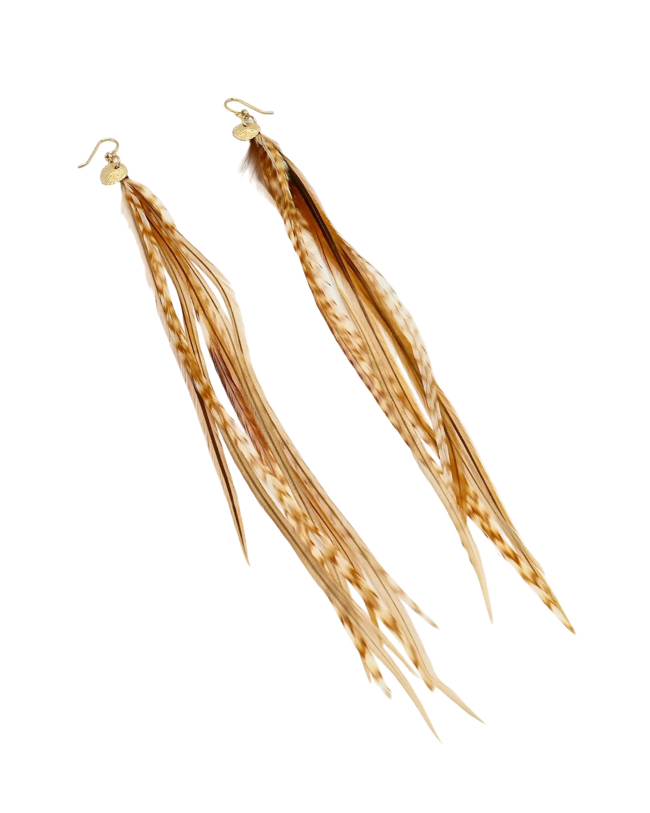 A pair of long dangle earrings made from natural tan and brown feathers with small gold fishhook backs, shown on a plain white background.