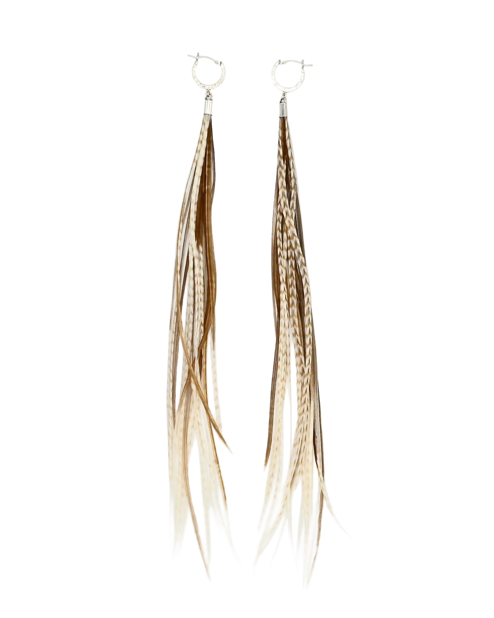 A pair of long dangle earrings with silver-toned hoop backs and multiple layered feathers in brown, tan, and cream, shown against a plain white background.